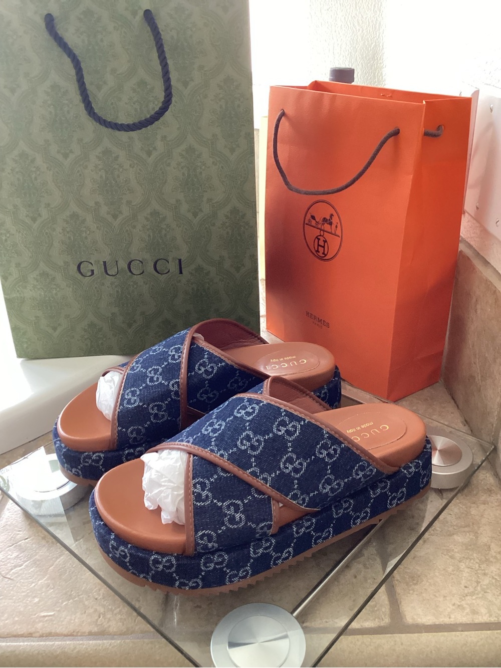 Gucci Denim GG Logo Platform Slides in Blue & Brown Leather - Picture 2 of 5